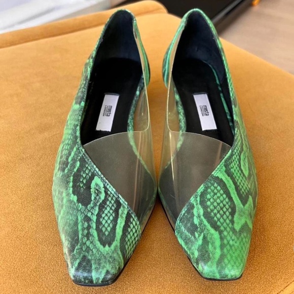 Miista Shoes - Miista see through clear green leather snakeskin pumps kitten heels